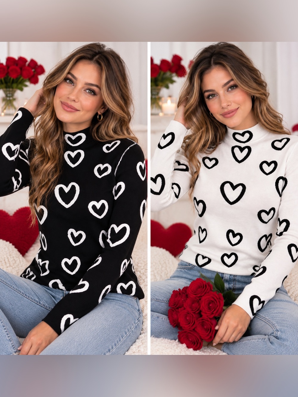Charlie B Reversible Heart Mock Neck Sweater Black White S